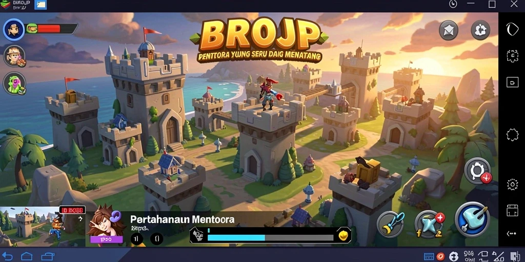 Screenshot gameplay BROJP menampilkan aksi menara pertahanan yang mendebarkan.