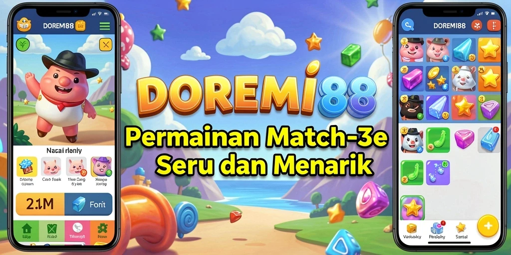 Screenshot DOREMI88 menampilkan permainan Match-3 yang seru dan penuh warna.