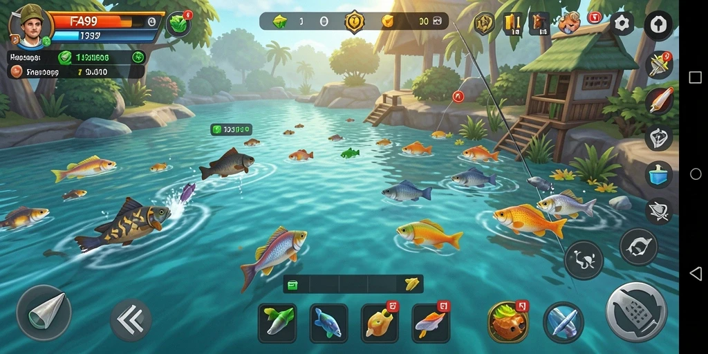 Tampilan gameplay FA99 dengan ikan yang melompat di permukaan air.