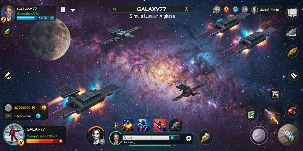 Tangkapan layar gameplay <strong>GALAXY77</strong> yang menunjukkan eksplorasi luar angkasa yang mendebarkan.