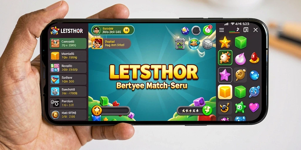 Tampilan gameplay LETSTHOR dengan permata berwarna-warni di layar.