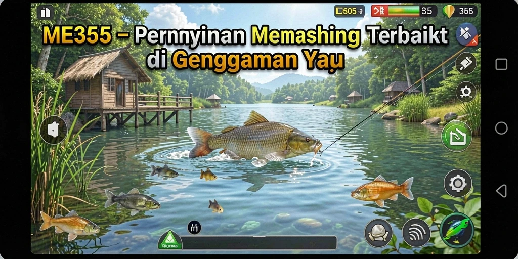 Tampilan utama gameplay ME355 dengan aksi memancing seru.