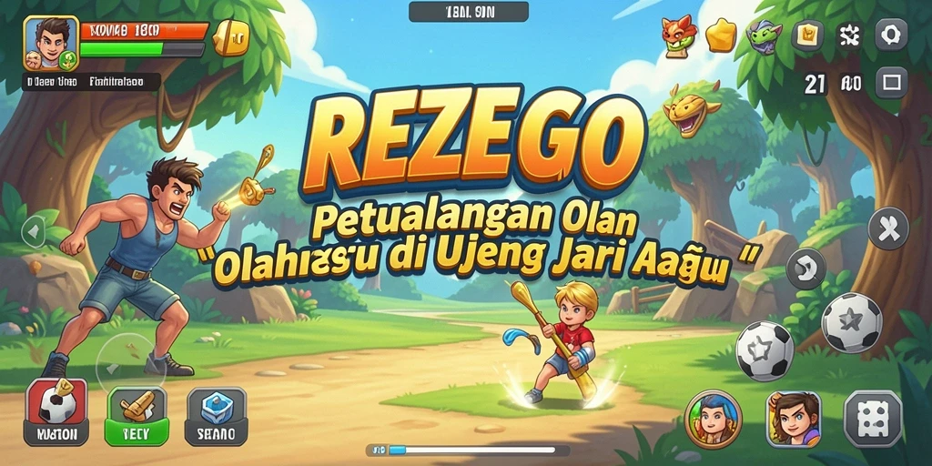 Tampilan gameplay REZEGO dengan karakter yang beraksi di lapangan olahraga.