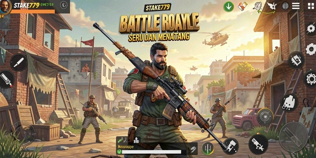 Tampilan aksi pertempuran seru di STAKE779 selama pertandingan Battle Royale.