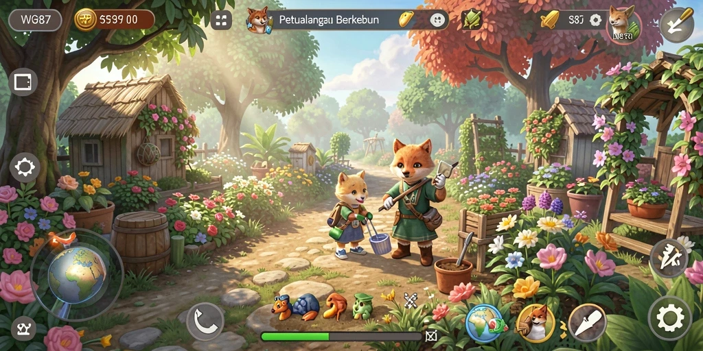 Screenshot gameplay WG87 yang menunjukkan aktivitas berkebun yang seru.